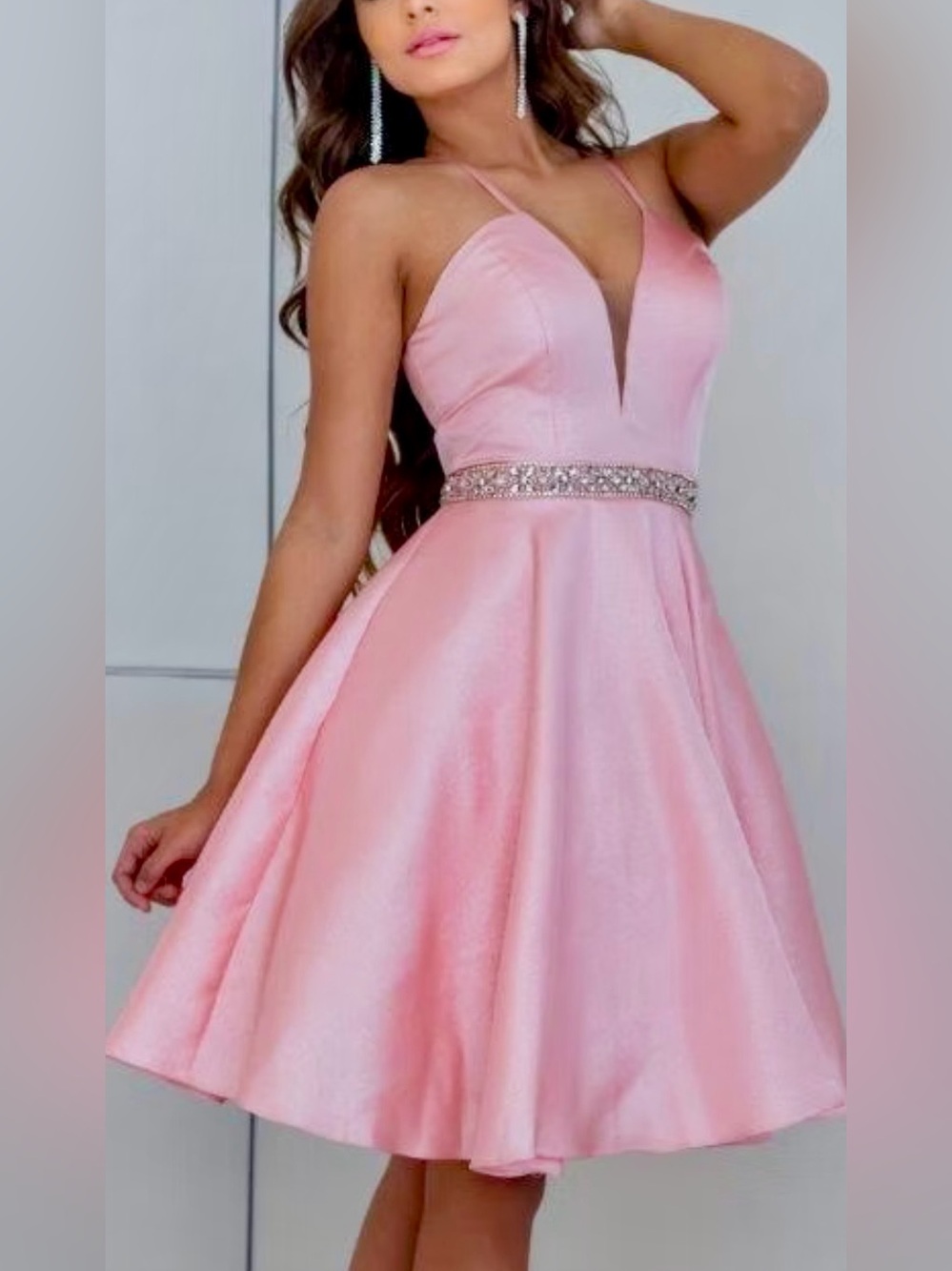Soieblu Pink V-Neck Mini Dress with Embellished Waist